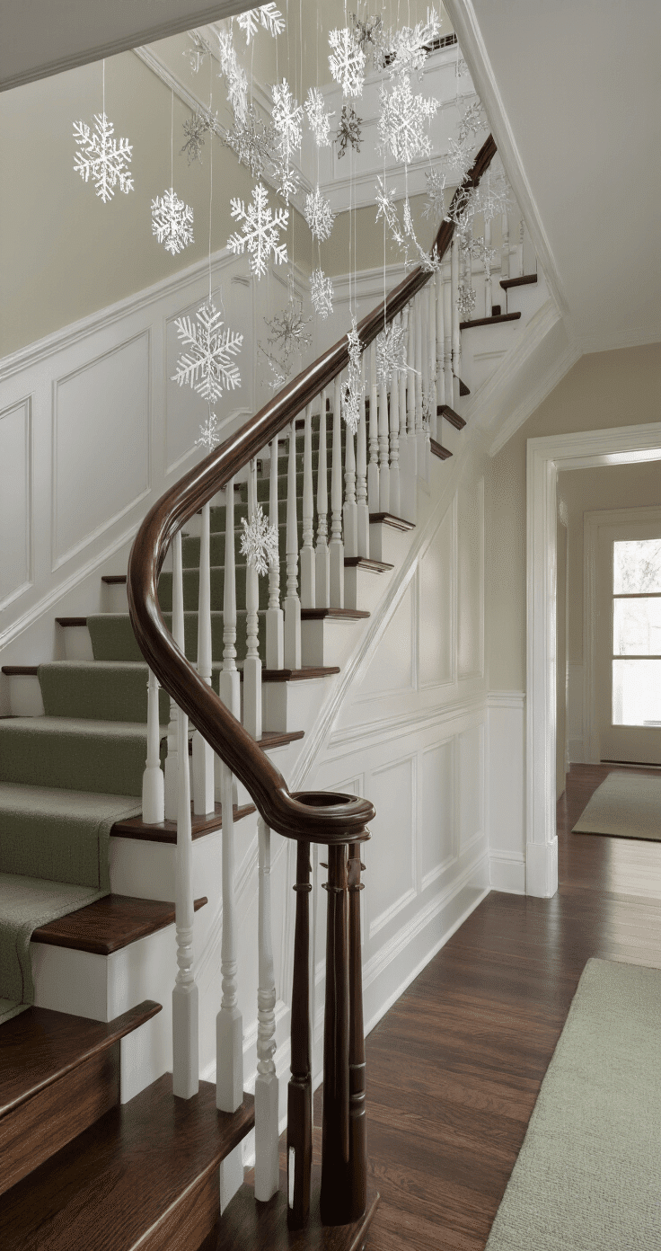 Photorealistic image of an elegant staircase with a dark wood banister adorned with metallic snowflakes hanging in staggered heights, illuminated by soft afternoon light from a nearby window, featuring white-painted spindles, hardwood steps, and a muted sage green runner carpet.