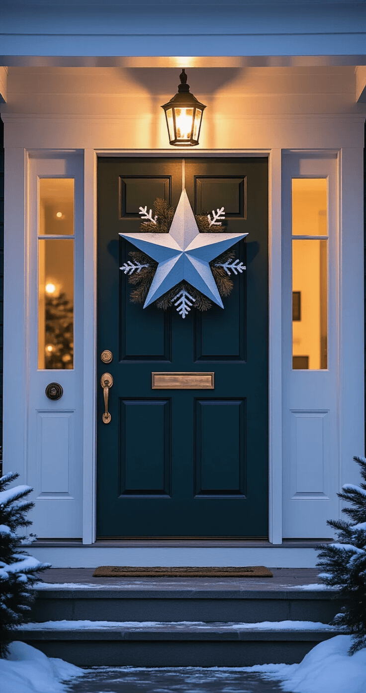 A welcoming winter entrance featuring a dark green front door with a handcrafted blue wooden star decorated with white snowflakes and pine sprigs, warmly illuminated by a porch light, amidst a snowy landscape at twilight.
