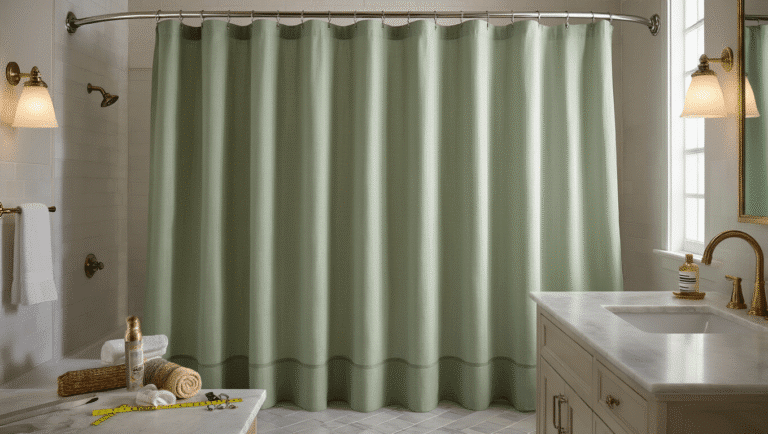 What Size Is a Standard Shower Curtain? (And Why You're Probably Using the Wrong One) Cinematic bathroom interior featuring a 72x72 sage linen shower curtain on a polished chrome curved rod, with natural light enhancing marble herringbone flooring, brushed brass fixtures, and a spa-like ambiance.