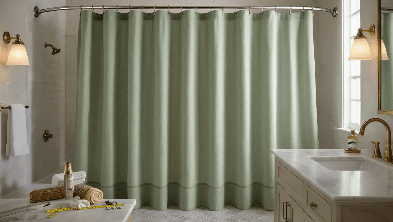 Cinematic bathroom interior featuring a 72x72 sage linen shower curtain on a polished chrome curved rod, with natural light enhancing marble herringbone flooring, brushed brass fixtures, and a spa-like ambiance.