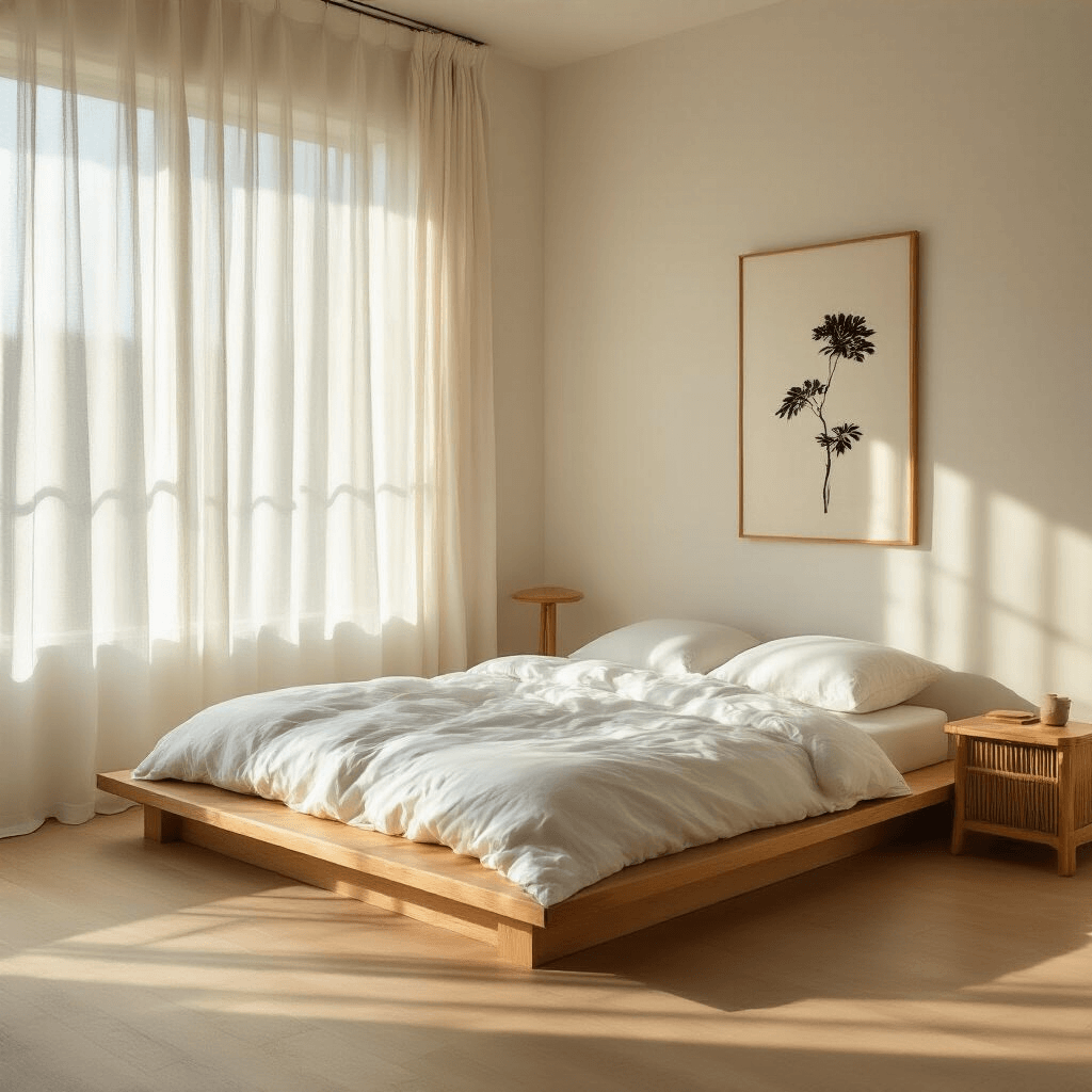 Photorealistic Japanese minimalist bedroom bathed in golden hour light, featuring a low platform bed with natural wood frame, white cotton bedding, and a bamboo nightstand, set against warm white walls and light oak flooring, with a single piece of black ink artwork, evoking a serene sanctuary with intentional emptiness and soft shadows.