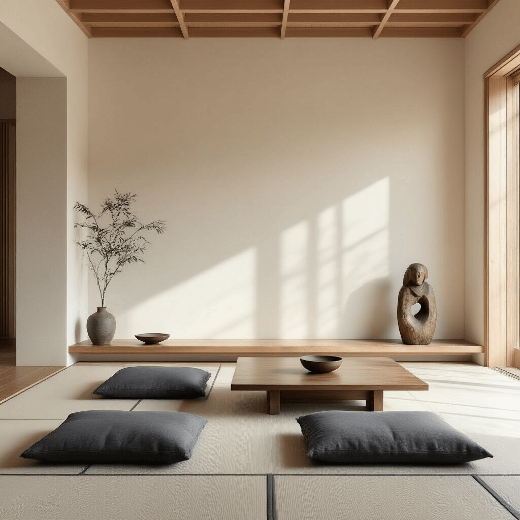 A spacious Japanese minimalist living room featuring charcoal gray floor cushions on a light wood platform, a low walnut coffee table with a single ceramic bowl, and cream walls. An aged wooden sculpture serves as a statement piece, while bamboo flooring complements the space. Natural light creates patterns on a large empty wall, emphasizing negative space and a mood of contemplative calm and understated elegance. The image is captured from a wide-angle at seating height with soft directional lighting.