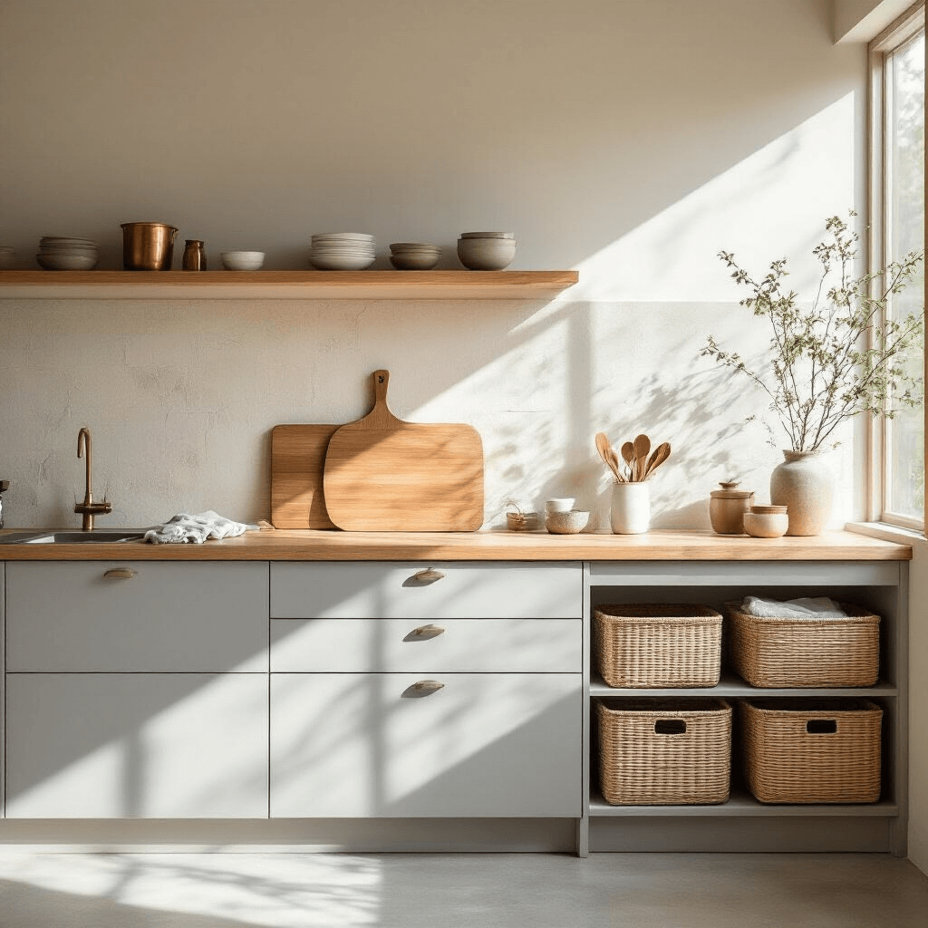 A minimalist Japanese kitchen bathed in early morning light, featuring white oak countertops, warm gray handleless cabinets, a vintage wooden cutting board, bamboo storage baskets, linen tea towels, and minimal copper accents against a stone backsplash and concrete floors, all evoking a sense of functional poetry and purposeful simplicity.