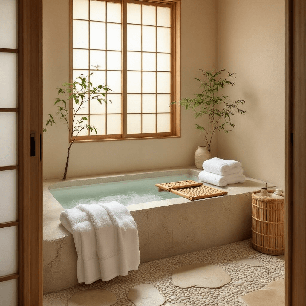 A serene Japanese minimalist bathroom with a natural stone soaking tub, bamboo bath caddy, and neatly folded white cotton towels, illuminated by soft dawn light filtering through frosted glass. The warm beige walls and river rock flooring enhance the zen ambiance, complemented by a single green plant and gently rising steam, all captured in a clean, clutter-free composition from the doorway.