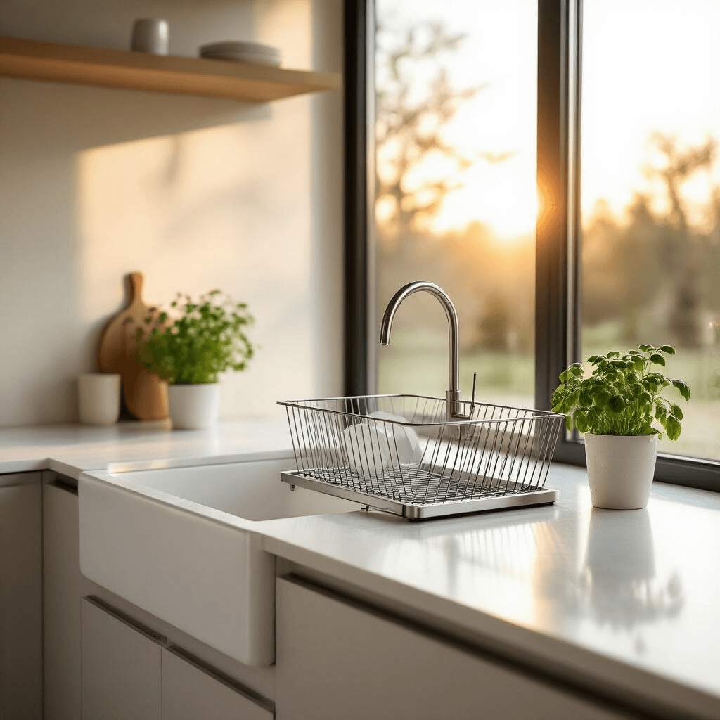 Ultra-modern minimalist kitchen interior featuring a white farmhouse sink with a sleek stainless steel dish rack, brushed aluminum surfaces, and white marble countertops, illuminated by golden hour sunlight streaming through large windows.