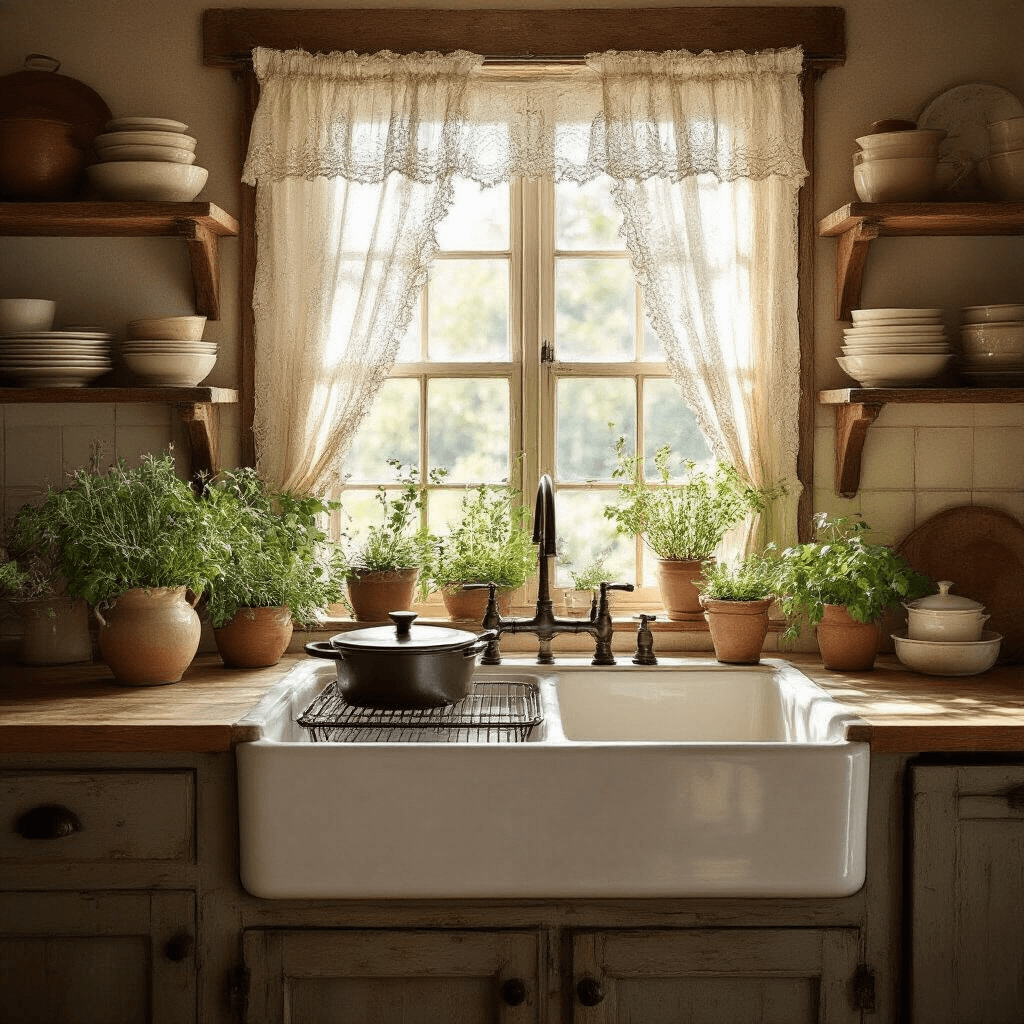 Rustic farmhouse kitchen interior bathed in warm afternoon sunlight, featuring a double-basin sink with a heavy-duty dish rack, cast iron cookware, wooden open shelving with ceramic dishes, terracotta floor tiles, and weathered oak countertops, adorned with fresh herbs in ceramic planters, captured in a slightly angled overhead shot with a soft focus background and warm earth-toned color palette.