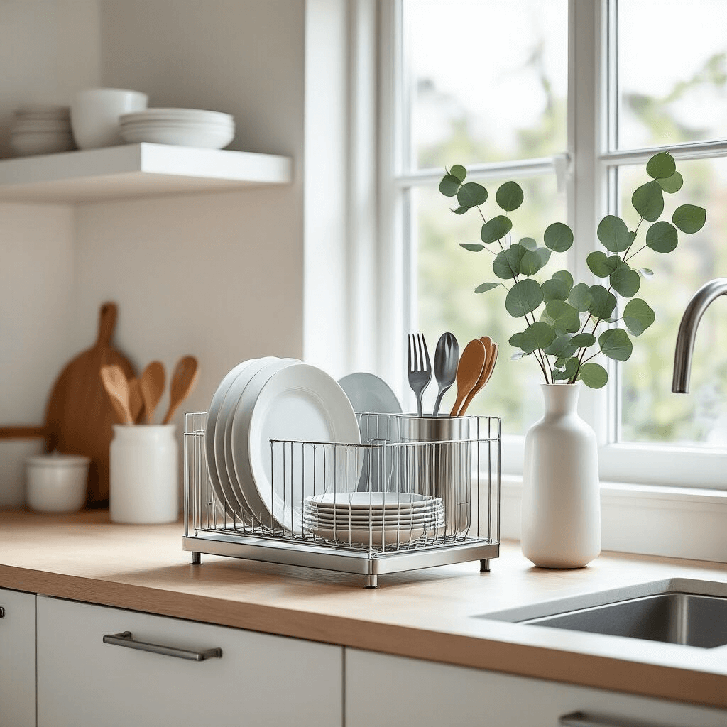 A Scandinavian-inspired kitchen featuring bright natural light from a large window, showcasing a Sakugi stainless steel dish rack with organized plates and utensils, pure white cabinetry with minimalist hardware, pale wood flooring, and a single stem eucalyptus in a slim white vase. The composition highlights precision-arranged kitchenware within a cool neutral color palette, captured in high-end architectural photography style from a slightly elevated angle.
