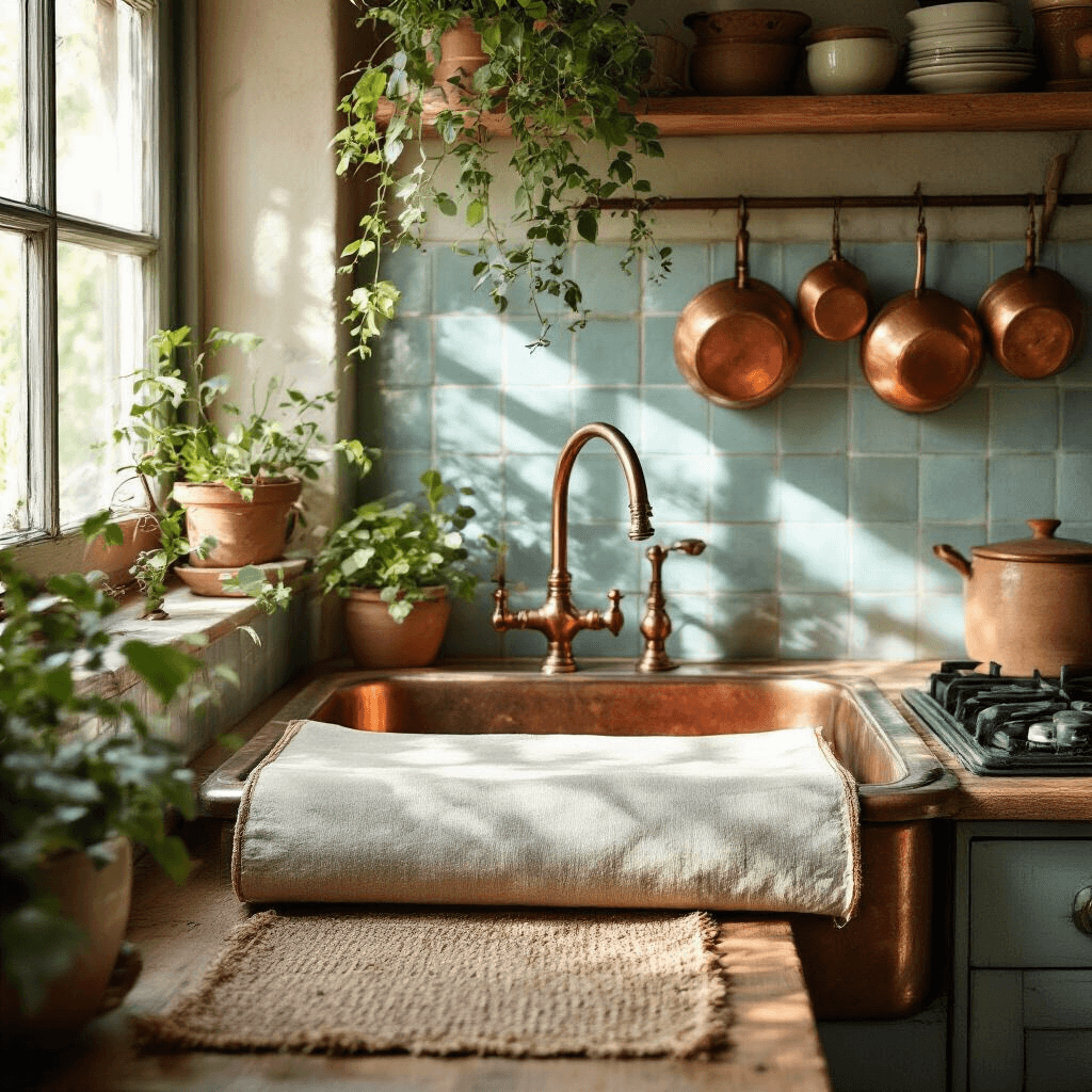 A cozy Bohemian eclectic kitchen bathed in soft morning light, featuring a vintage copper sink with a partially extended Dorai roll-up dish pad, textured ceramic tiles in muted blues and greens, a woven textile runner, hanging copper pots, potted trailing plants, and artisan-crafted ceramic dishes, all styled with a rich yet muted color palette of terracotta, sage, copper, and deep blue tones.
