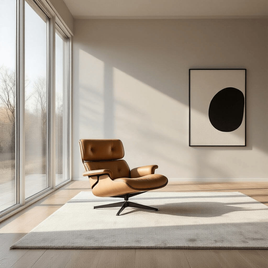 Ultra-minimalist living room featuring white oak hardwood floors, floor-to-ceiling windows illuminating a tan leather Barcelona chair on a neutral wool rug, with geometric shadows, pale grey walls, and a black and white abstract art piece, all captured in soft natural morning light.