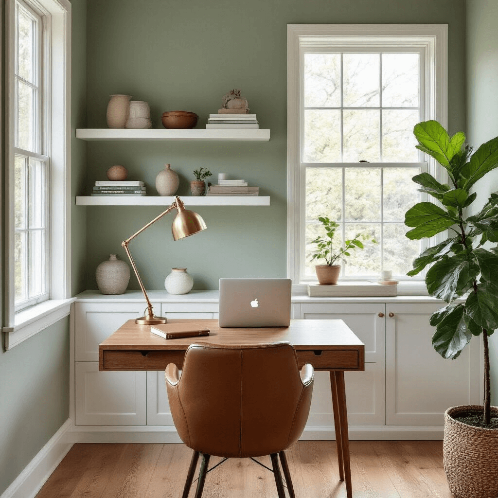 A Scandinavian home office featuring muted sage green walls, built-in white shelving with curated decor, a mid-century modern wooden desk by large windows, soft natural light, a brass desk lamp, a leather-bound notebook, a minimal MacBook, and a fiddle leaf fig tree, all on hardwood floors with a natural wood grain, captured in a professional interior design photography style.