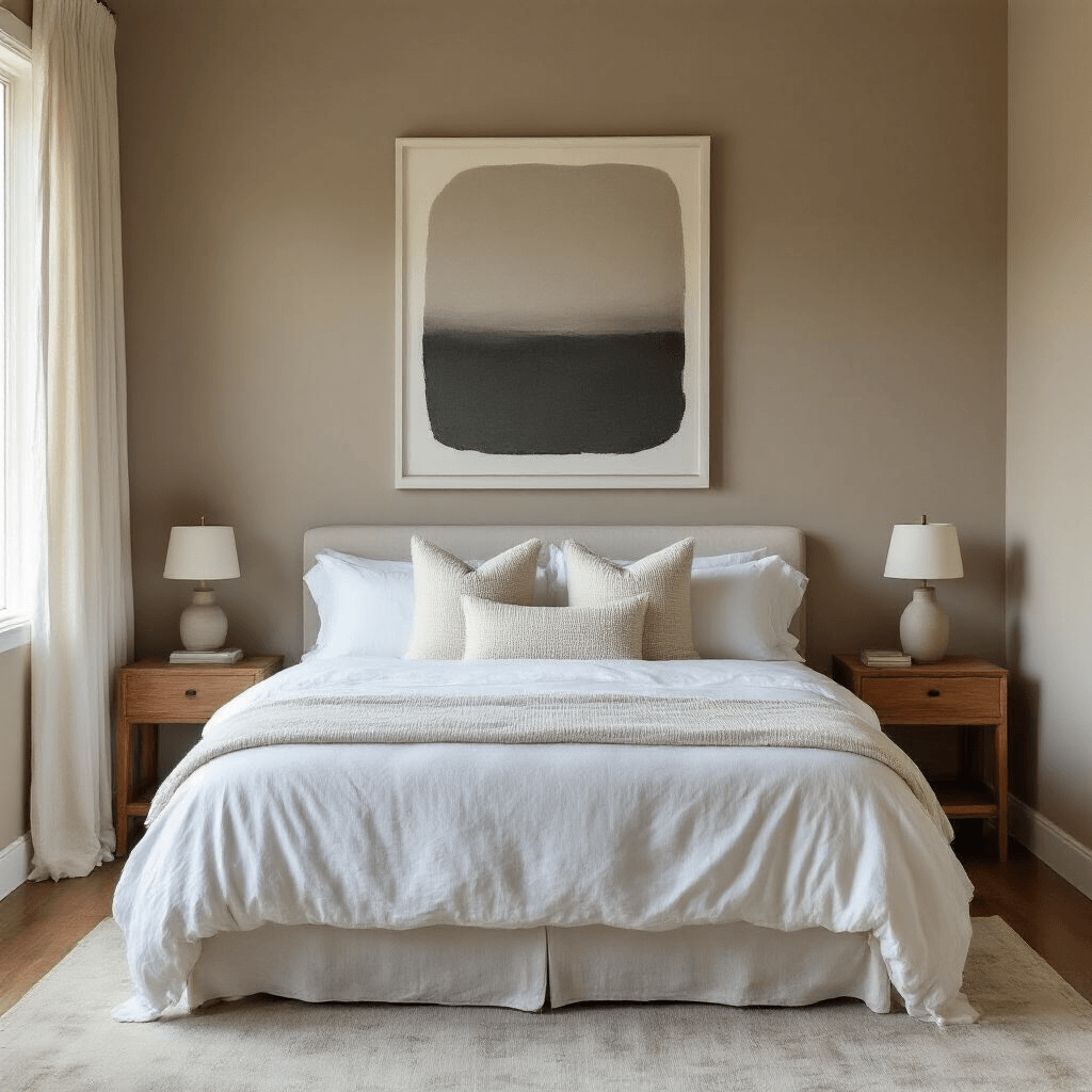 Monochromatic bedroom featuring warm taupe walls, a king-sized bed with white linen, a cream boucle lumbar pillow, and a large abstract art piece in muted charcoal above the bed; illuminated by soft evening light through sheer curtains, with minimalist wooden nightstands and a ceramic lamp on hardwood floors.