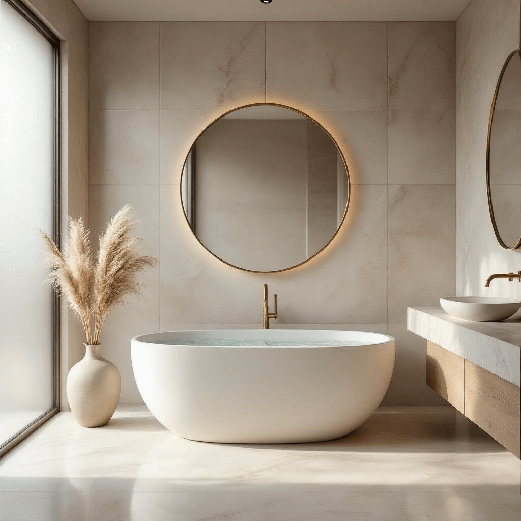 Zen-inspired bathroom featuring soft greige floor-to-ceiling marble tiles, an off-center freestanding matte white soaking tub, a large circular mirror with a thin brass frame, a single stem of dried pampas grass in a ceramic vase, a natural stone countertop with a minimal marble sink, and soft indirect lighting creating an ethereal atmosphere, captured in a hyper-detailed wide-angle perspective with early morning light filtering through a frosted glass window.