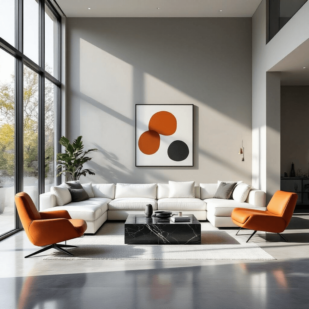 Ultra-modern living room featuring floor-to-ceiling windows, a minimalist white leather sectional sofa, a sleek black marble coffee table, and a burnt orange accent chair. The polished concrete floor and neutral gray walls complement a single abstract art piece, with soft morning sunlight creating geometric shadows across the space.