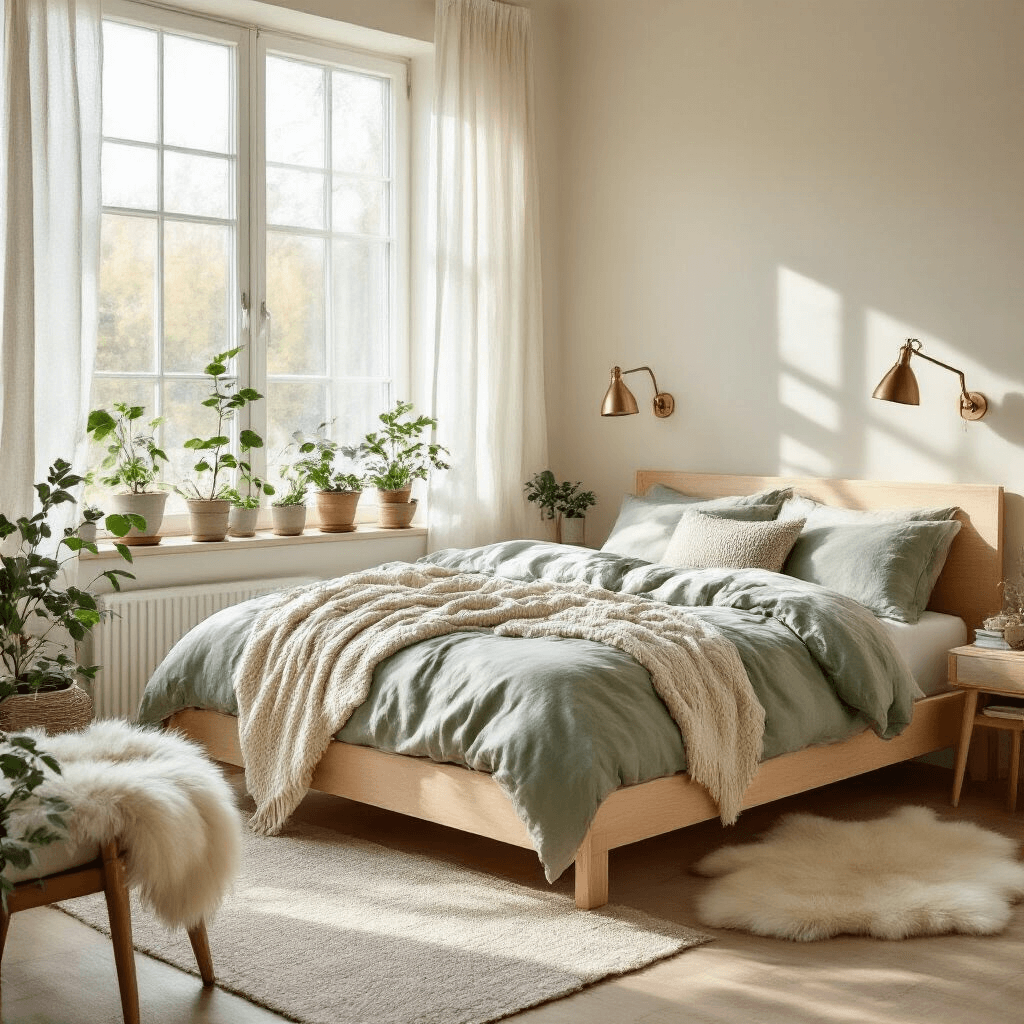 A serene Scandinavian bedroom featuring a birch wood platform bed with sage green linen bedding and a chunky cream wool knit throw, illuminated by soft morning light through oversized windows with sheer curtains, alongside white oak side tables and small potted plants, creating an intimate and cozy atmosphere.
