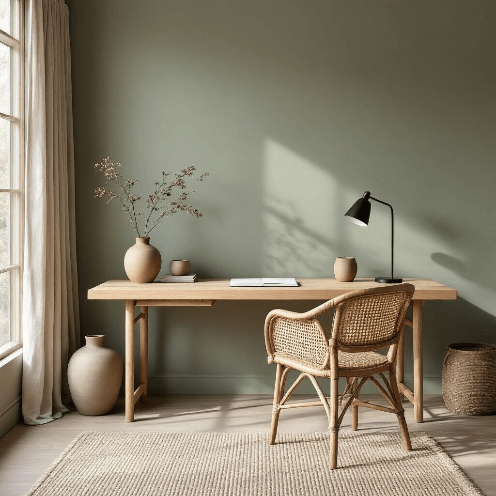 A serene Japandi home office featuring a low-profile natural wood desk adorned with handcrafted ceramic desk accessories. The muted sage green walls complement a large window dressed in linen curtains, while a woven rattan chair and a single sculptural ceramic vase add minimalist elegance. A black minimal desk lamp and a soft textured wool rug in warm taupe enhance the calming atmosphere, with afternoon light casting gentle shadows that highlight the textures and clean lines of the space.