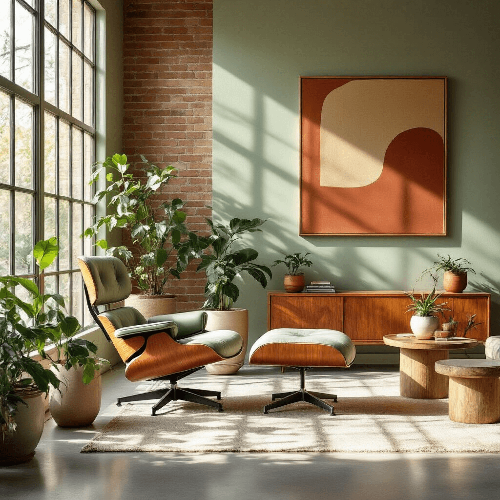 A sunlit mid-century modern living room featuring a vintage Eames lounge chair, floor-to-ceiling windows, polished concrete floor, minimalist geometric side tables with brass accents, and large abstract art in muted terracotta on an exposed brick wall, all illuminated by soft morning light.