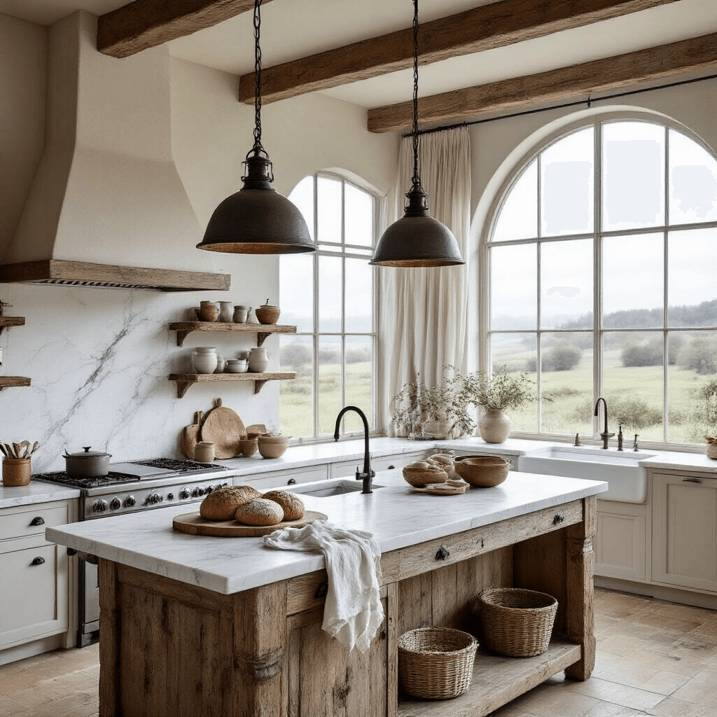 Scandinavian farmhouse kitchen featuring expansive white marble countertops, rustic reclaimed oak island, cast iron pendant lights, open shelving with handmade ceramics, vintage copper cookware, and large arched windows overlooking a misty countryside, with fresh sourdough bread and linen tea towels arranged artfully, all illuminated by soft natural light filtering through sheer linen curtains.