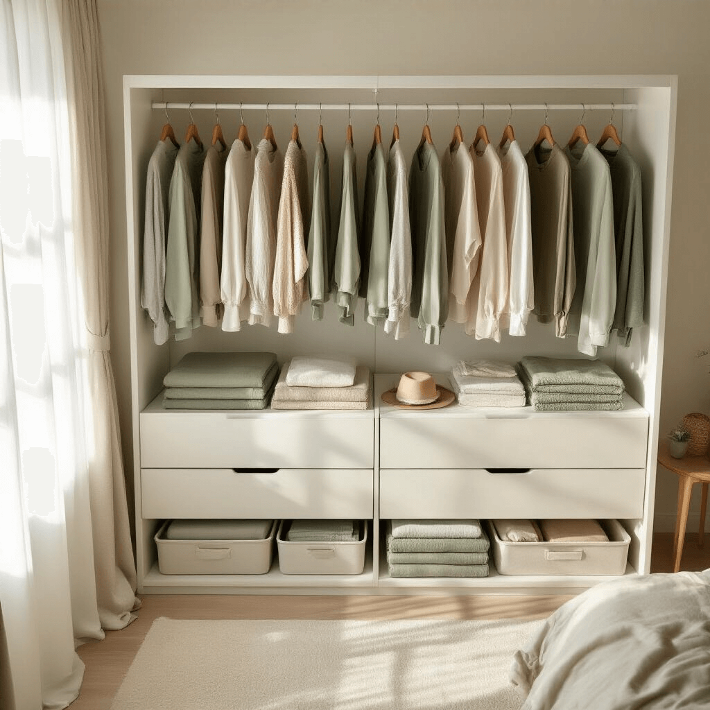 Overhead view of a serene, decluttered bedroom bathed in golden hour light, featuring a meticulously organized dresser with neatly folded clothing in muted tones, a half-open closet with slim hangers, and under-bed storage containers, all highlighting a minimalist design aesthetic.