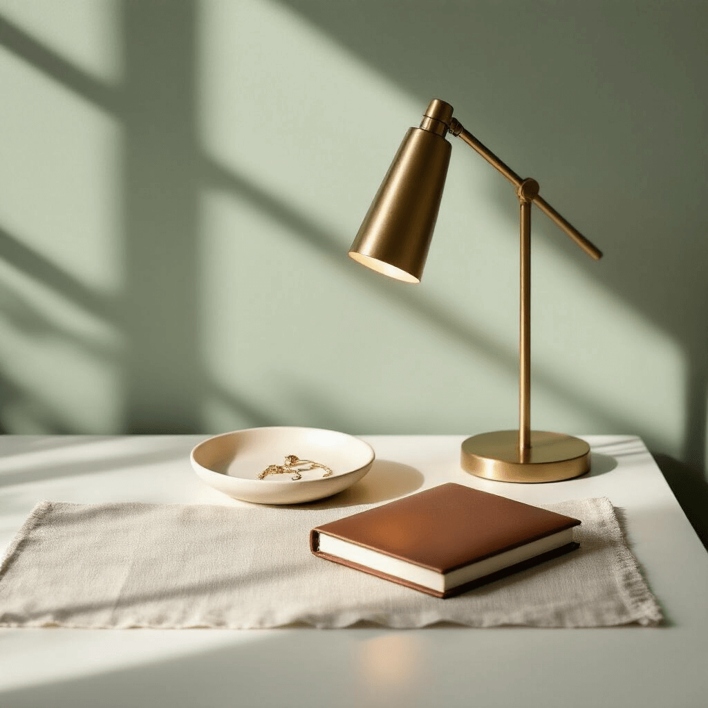Minimalist nightstand with early morning light illuminating a curated ceramic dish holding jewelry, a slim leather-bound notebook, and a modern brass reading lamp. A soft textured linen runner brings warmth, with subtle shadows on a clean white surface. The muted sage green wall adds a calm backdrop, captured in high-end photography style with soft focus and natural light highlighting the textures.