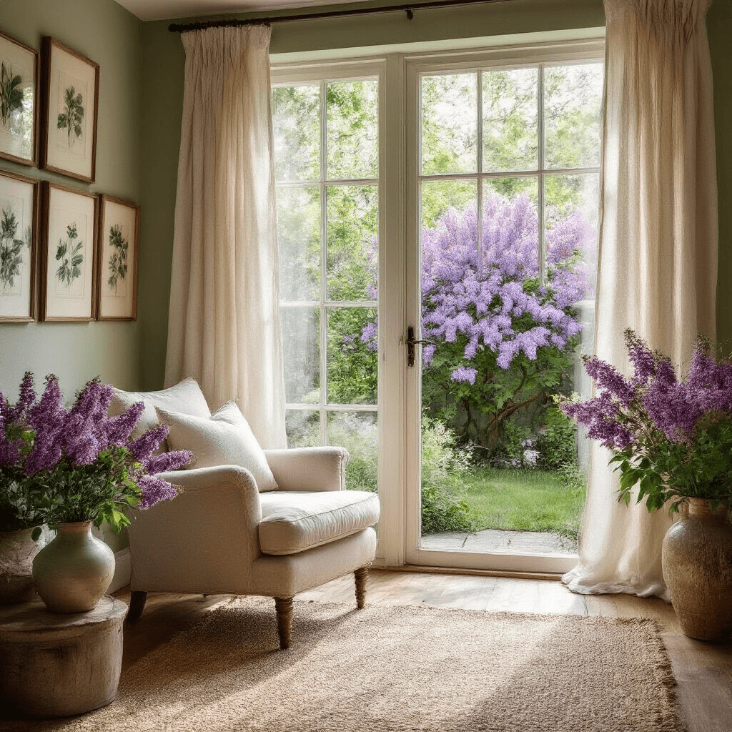 Wide-angle view of a serene interior garden room featuring floor-to-ceiling windows with a blooming lilac bush outside, soft morning light illuminating rustic wooden floors and pale sage green walls, vintage botanical illustrations by the windows, a mid-century modern cream armchair, a jute rug, delicate linen curtains, and a ceramic vase with fresh lilac branches on a distressed oak side table.