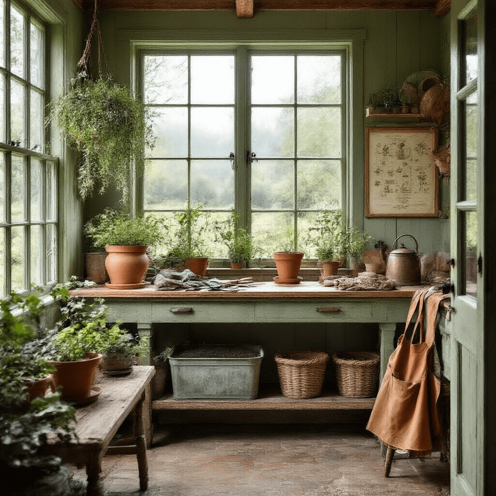 Moody interior of a garden potting shed featuring a reclaimed wood workbench, terracotta pots, and neatly arranged gardening tools, with sage green walls adorned with vintage gardening charts. A large mullioned window showcases a misty garden, filled with soft north-facing light. Dried herb bundles hang above, with an antique copper watering can and a leather apron draped over a chair, complemented by weathered zinc plant trays holding soil and gardening implements, all captured in a soft focus with a muted color palette.