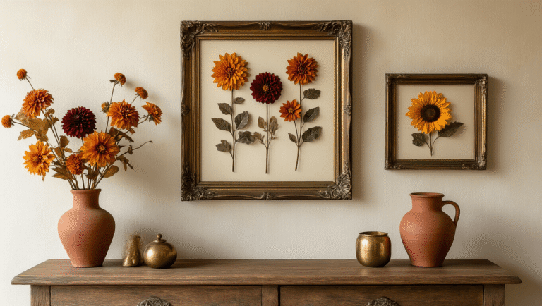 Cinematic close-up of a botanical gallery wall with vintage bronze frames containing pressed autumn flowers, complemented by a handcrafted wooden console with aged brass objects in warm golden hour lighting.