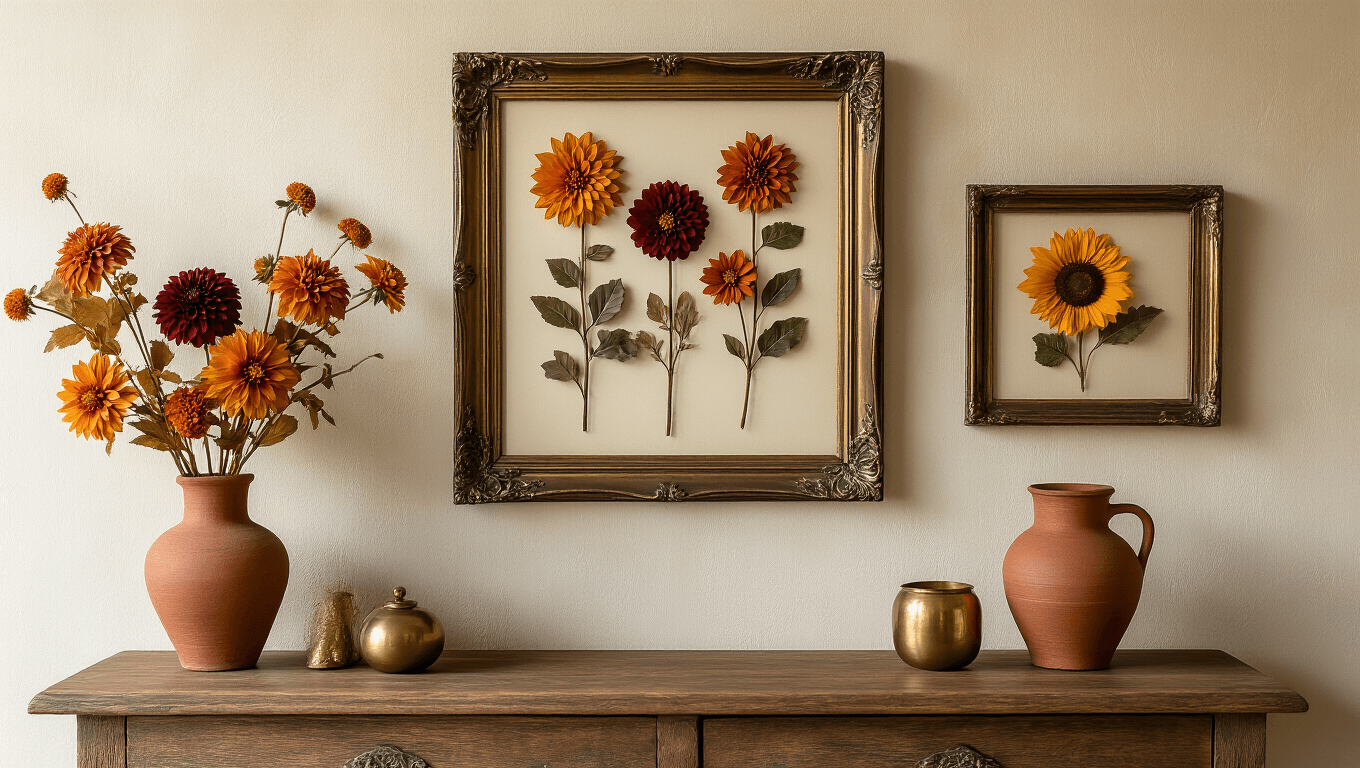 Cinematic close-up of a botanical gallery wall with vintage bronze frames containing pressed autumn flowers, complemented by a handcrafted wooden console with aged brass objects in warm golden hour lighting.