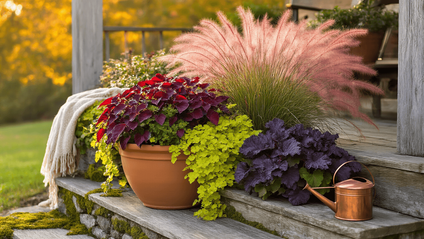 Cinematic autumn container garden on a weathered farmhouse porch with a terracotta planter filled with burgundy coral bells, pink muhly grass, chartreuse creeping Jenny, and purple ornamental kale, bathed in warm golden hour light.