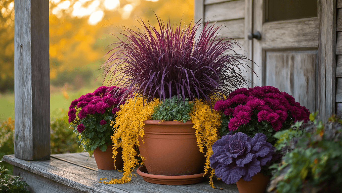 Cinematic autumn container garden on rustic porch, featuring purple fountain grass, burgundy mums, and ornamental kale, illuminated by warm afternoon light.