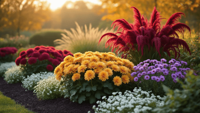 Cinematic autumn garden bed with burgundy chrysanthemums, purple asters, and scarlet celosia, surrounded by white sweet alyssum and ornamental grasses, in warm golden hour light.