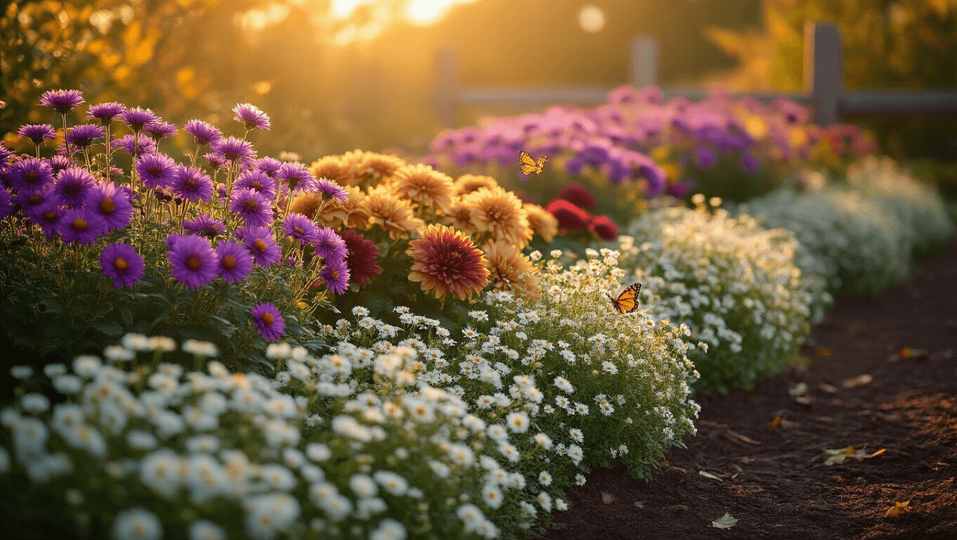 Cinematic wide-angle view of a layered fall garden at golden hour, featuring tall purple asters, bronze and burgundy chrysanthemums, white sweet alyssum, and butterflies amidst rich soil and warm lighting.