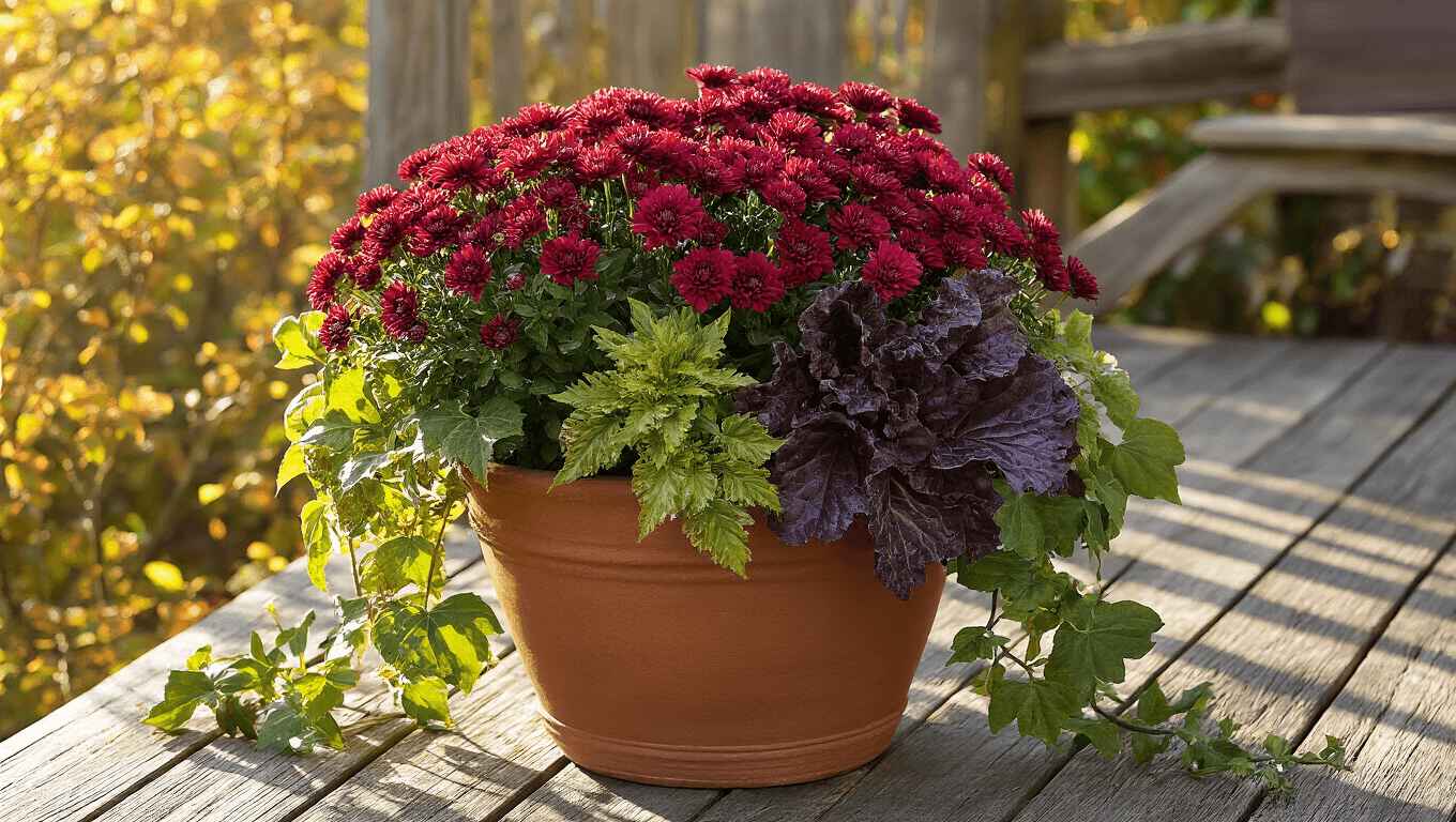 Cinematic low-angle view of a weathered terracotta planter on a rustic wooden deck, featuring burgundy mums, chocolate heuchera, and purple ornamental kale, with cascading sweet potato vine 'Blackie', all illuminated by golden afternoon sunlight.