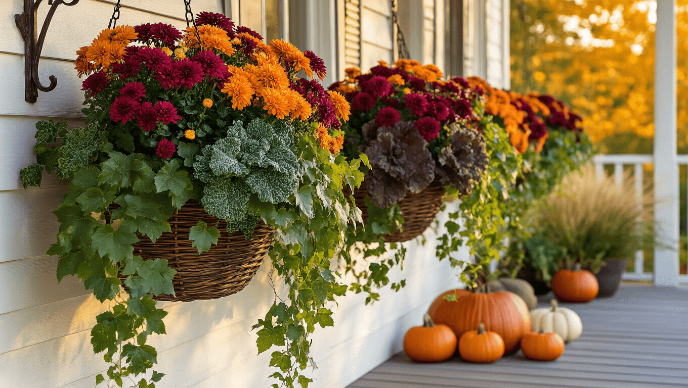 Cinematic autumn porch scene with hanging baskets of burgundy and orange mums, ornamental kale, and ivy, warmly lit by golden hour, featuring weathered wood, mini pumpkins, and burlap accents.