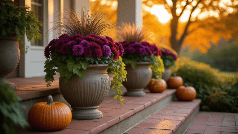 Cinematic wide shot of a luxurious front porch at golden hour, showcasing large ceramic urns filled with purple fountain grass, burgundy chrysanthemums, and trailing chartreuse sweet potato vine, set against terracotta tiles and weathered copper pumpkins.