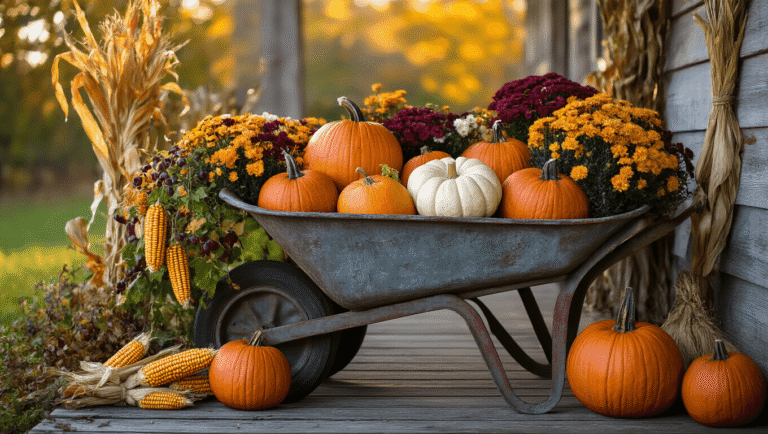 Cinematic wide-angle shot of a weathered metal wheelbarrow overflowing with heirloom pumpkins and cascading mums on a rustic wooden porch, illuminated by soft autumn sunlight.