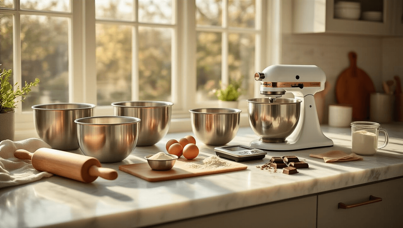 A modern kitchen island with a marble countertop, showcasing essential baking tools including mixing bowls, a digital scale with flour, a wooden rolling pin, silicone spatulas, measuring cups, and a stand mixer, all bathed in warm morning light. Fresh eggs, vanilla beans, and chocolate are artistically arranged, with soft shadows and a shallow depth of field.
