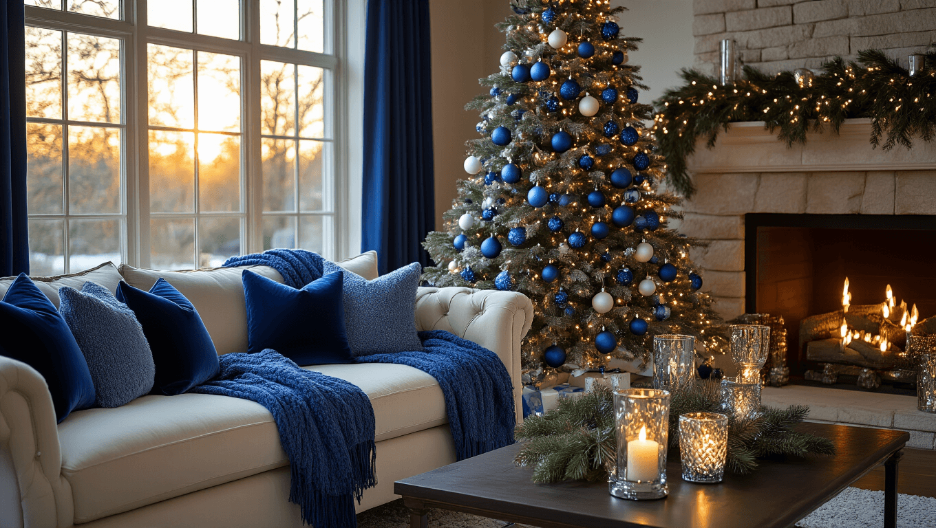 Elegant living room decorated for Christmas, featuring a tall tree with blue ornaments, navy velvet cushions, light blue throws, and twinkling blue LED lights, all illuminated by warm winter sunlight.