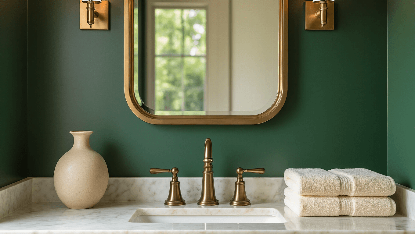 Cinematic interior shot of a luxurious powder room featuring a forest green accent wall, bronze faucet and mirror frame, cream hand towels on a marble countertop, and a ceramic sculptural piece, all highlighted by warm ambient lighting.
