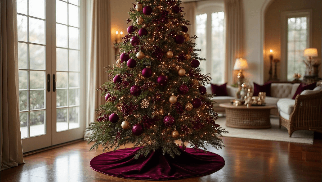 Cinematic wide shot of a luxurious burgundy Christmas tree adorned with velvet ornaments, set in an elegant living room with warm lighting and rich textures.
