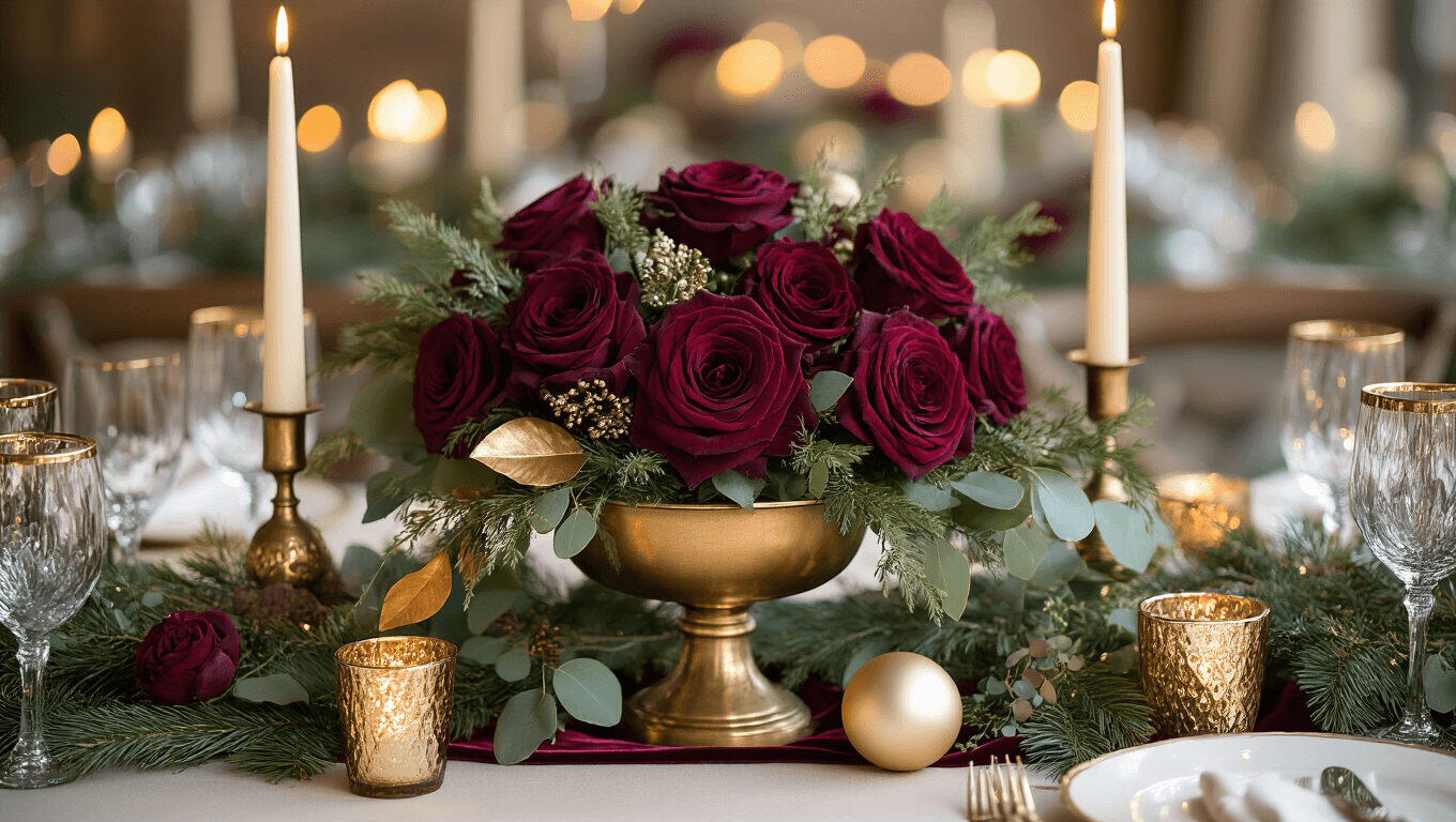 Luxurious winter wedding centerpiece featuring deep burgundy roses in an antique brass compote, illuminated by flickering ivory taper candles, surrounded by mercury glass votives, greenery garland, gold-leafed magnolia leaves, and champagne ornaments, all set on a rich velvet table runner with warm candlelight reflecting off metallic surfaces in an intimate setting.
