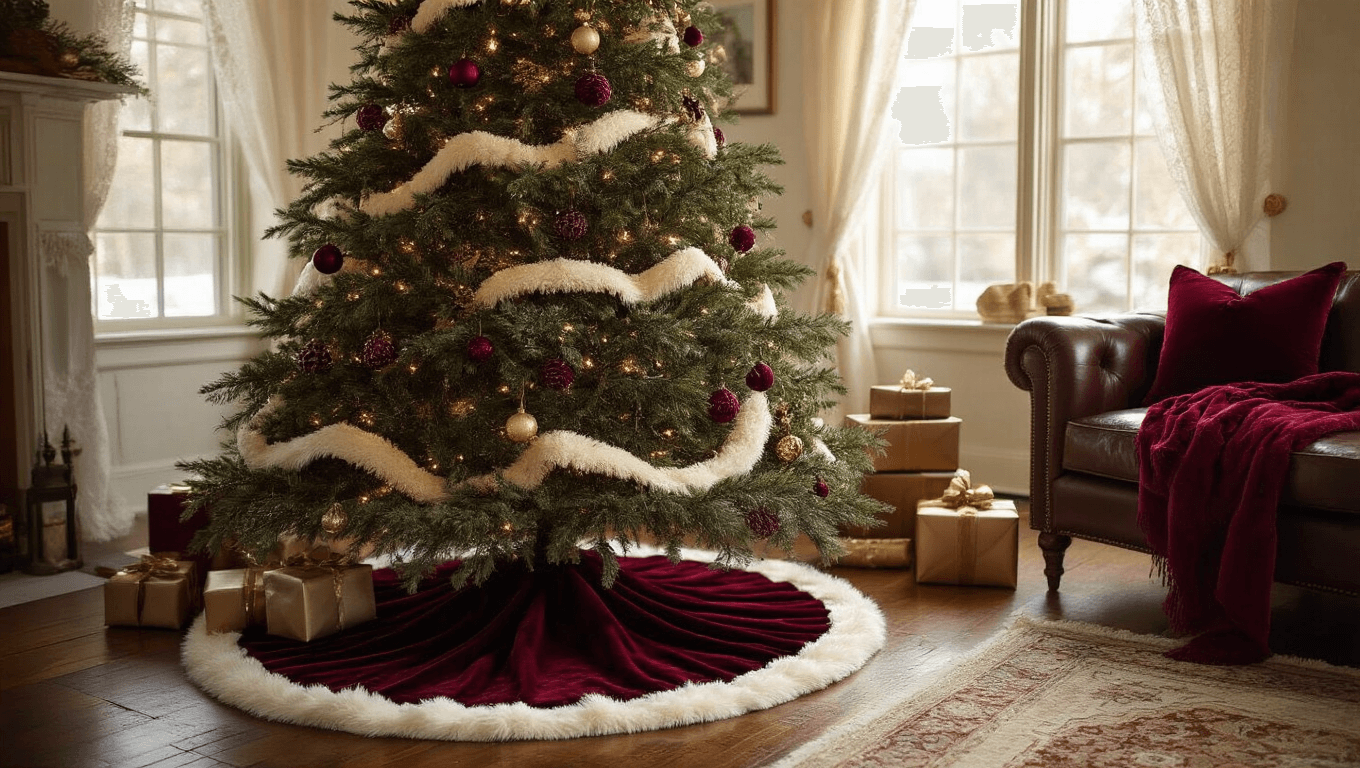 Luxurious living room adorned for Christmas with a majestic evergreen tree draped in burgundy velvet and cream quilted skirts, complemented by soft white faux fur, warm lighting, leather furniture, and elegantly wrapped presents, all creating a cozy holiday atmosphere.