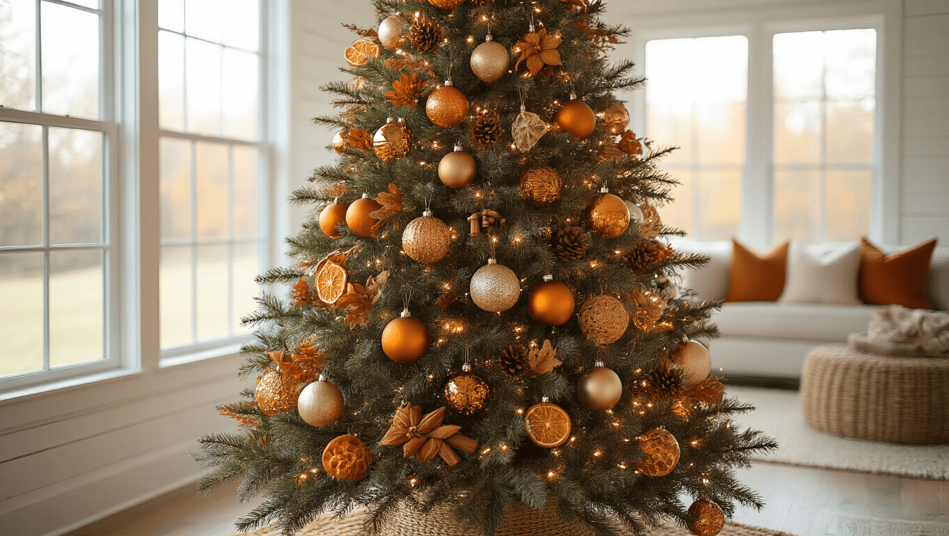 A towering 7.5-foot Christmas tree decorated with burnt orange, gold, and cream ornaments, surrounded by dried orange slices and cinnamon sticks, set in a modern farmhouse living room with warm lighting and cozy textures.