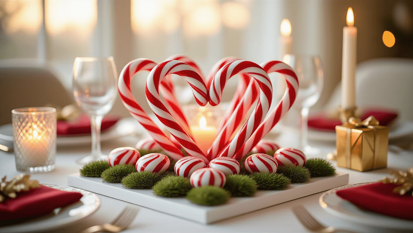 Elegant candy cane centerpiece with red-and-white striped peppermint canes in heart-shaped patterns, warm golden hour lighting, crystal votive candles, emerald moss accents, and gold gift boxes on a white cardstock base, all set in a festive holiday ambiance.