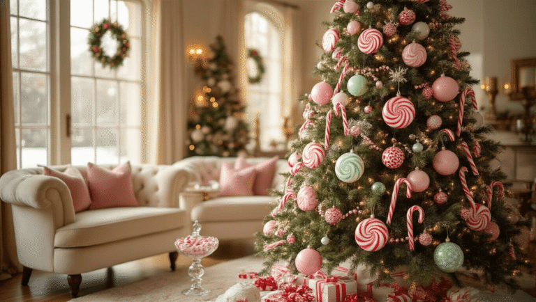 A stunning Christmas tree adorned with oversized candy ornaments and decorations, set in a cozy living room with warm golden lighting and rich textures, creating an inviting holiday atmosphere.