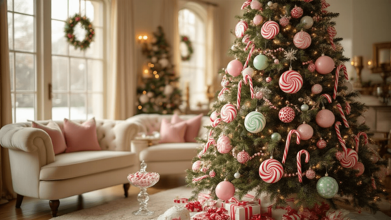 A stunning Christmas tree adorned with oversized candy ornaments and decorations, set in a cozy living room with warm golden lighting and rich textures, creating an inviting holiday atmosphere.