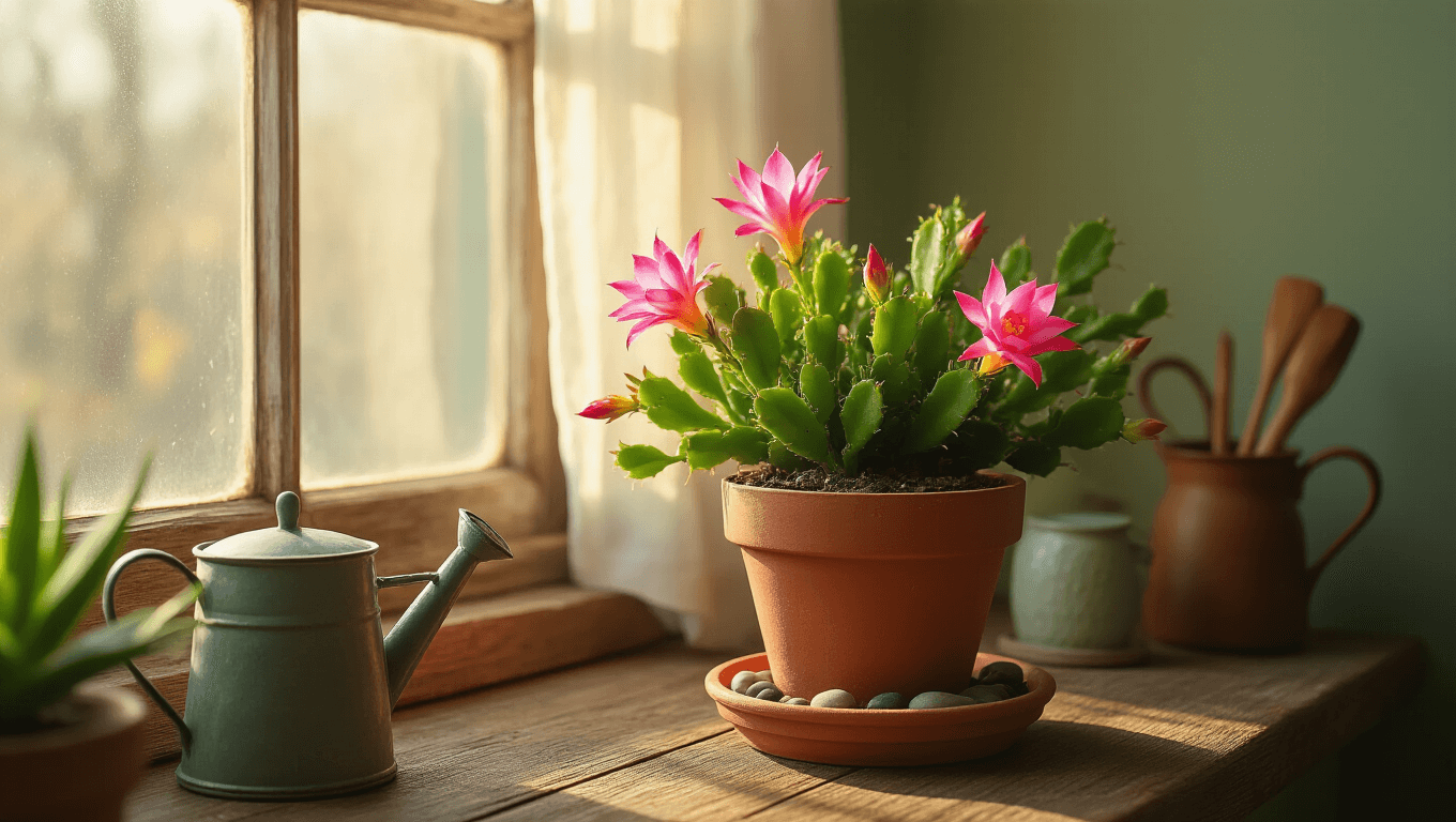 Cinematic close-up of a blooming Christmas cactus with fuchsia flowers on a rustic wooden windowsill, illuminated by morning light, featuring a humidity tray with river pebbles, glistening succulent leaves, and a cozy interior with muted sage walls and vintage gardening tools.