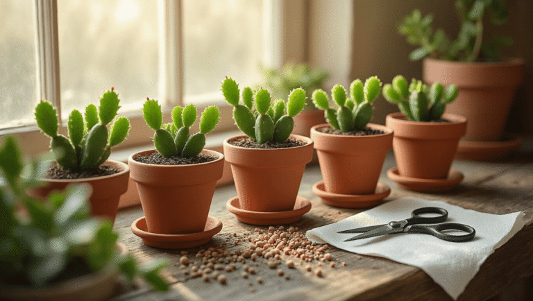 Overhead view of a Christmas cactus propagation station on a rustic wooden bench, featuring terracotta pots with cactus soil, green cuttings, perlite granules, vintage scissors, and kraft paper towels in warm morning light.
