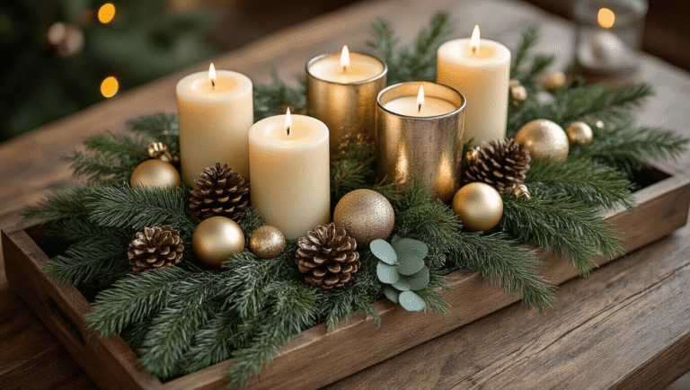 Cinematic overhead view of a beautifully styled Christmas coffee table with greenery, candles, and ornaments on a rustic wooden tray, showcasing a cozy holiday atmosphere.