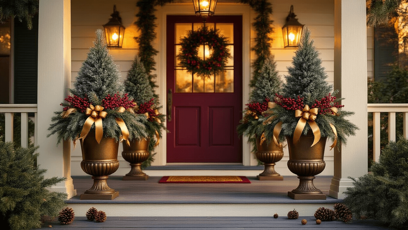 Cinematic front porch adorned with symmetrical Christmas flower pots holding evergreen topiaries in weathered bronze urns, illuminated by warm golden hour sunlight, featuring rich textures of frosted pine boughs, crimson berries, and cascading metallic gold ribbons, set against a backdrop of weathered wood decking and deep forest green foliage.