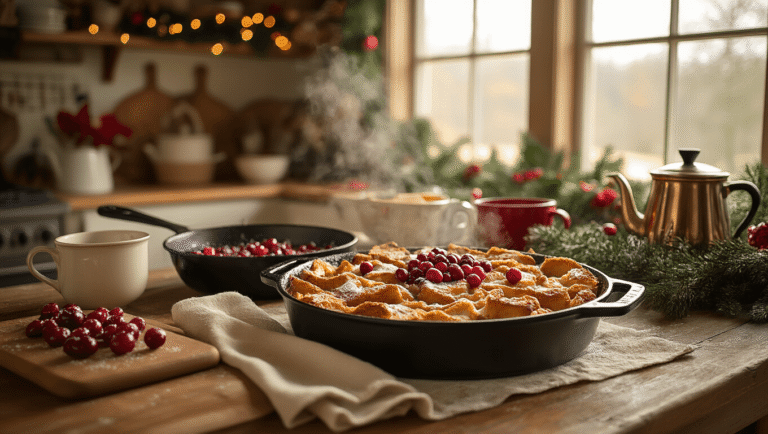 A cozy farmhouse kitchen on Christmas morning featuring a rustic wooden dining table with golden French toast casserole topped with cranberries, a steaming vintage coffee pot, festive pine garlands, and a warm color palette of cream, gold, and deep reds, creating an inviting holiday ambiance.